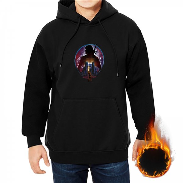 Black hoodie with fantasy warrior silhouette lightning graphic
