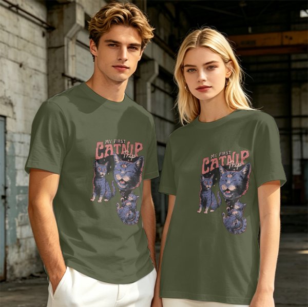 Olive T-Shirt With My First Catnip Trip Psychedelic Cat Print