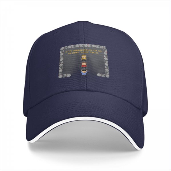 Black baseball cap with Zelda 'It's dangerous to go alone' pixel art design