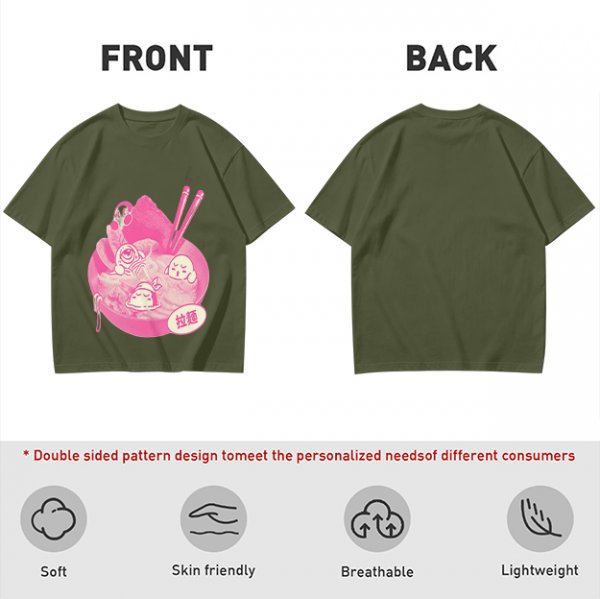 Oversized dark green t-shirt with cute pink ramen bowl graphic