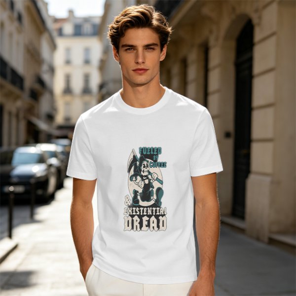 Olive graphic t-shirt with 'Fueled by Coffee & Existential Dread' grim reaper print
