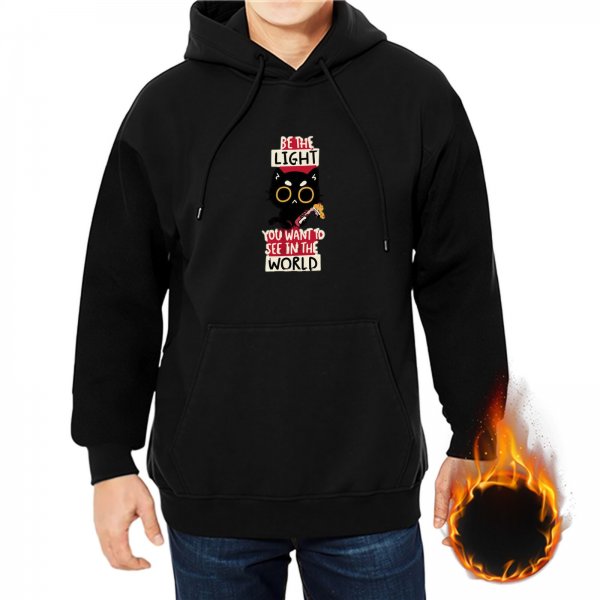Black hoodie with 'Be the light you want to see' cat graphic print
