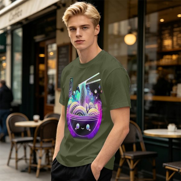 Olive T-Shirt With Galaxy Ramen Bowl Kawaii Graphic