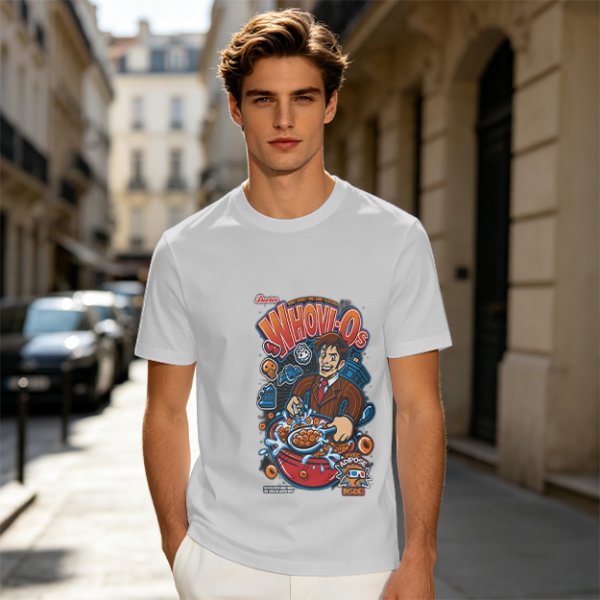 Olive green t-shirt with Doctor Who themed Whovio's cereal graphic