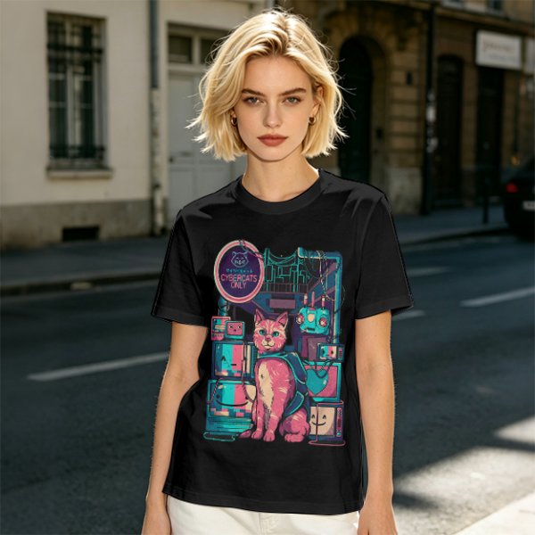 Olive T-Shirt with Cyberpunk Pink Cat and Robotic Tech Print