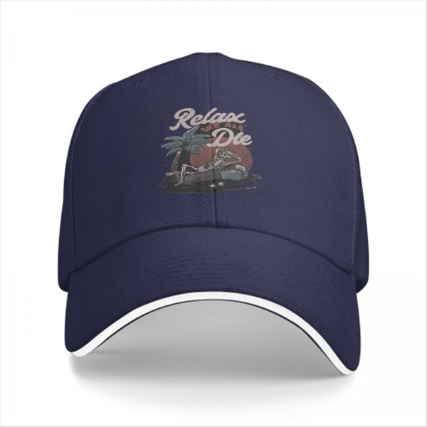 Black baseball cap with Relax Die skeleton palm tree graphic