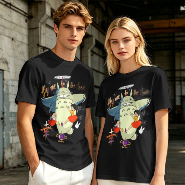 Totoro and Girls Fly Me To The Moon Graphic T-Shirt Design
