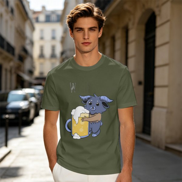 Olive T-Shirt With Cute Blue Goat Holding Foamy Beer Mug Print