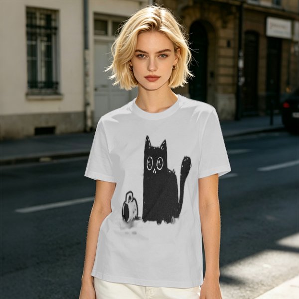 Olive Green T-Shirt With Cute Surprised Black Cat And Bell Print