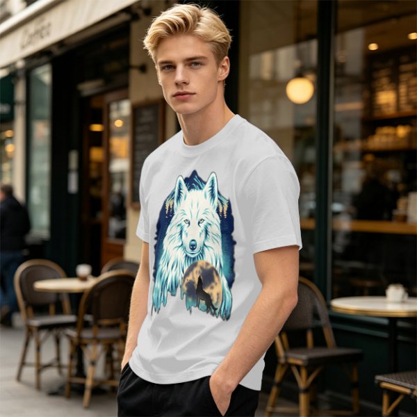 Olive T-Shirt With White Wolf And Howling Wolf Moon Graphic