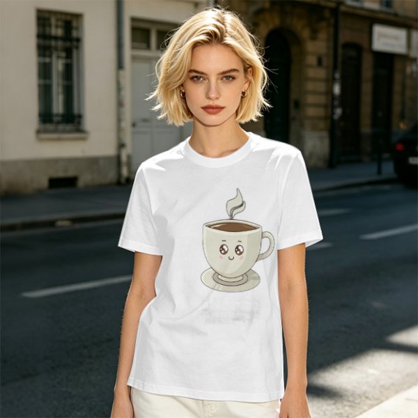 Olive Green T-Shirt With Cute Smiling Steaming Coffee Cup Print