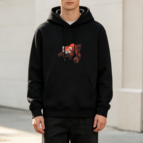 Black hoodie with a resting red panda graphic print