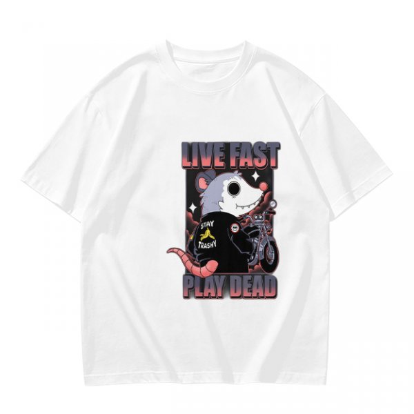 Olive t-shirt with live fast play dead opossum biker graphic