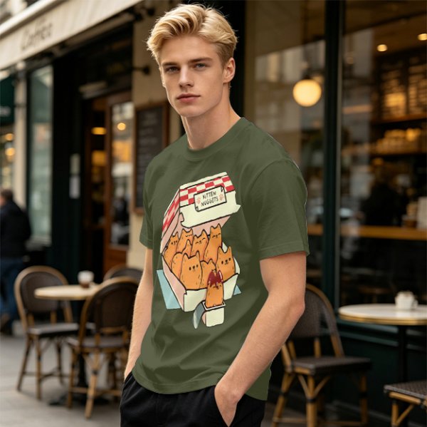 Olive T-Shirt With Kitten Nuggets Fried Chicken Box Graphic