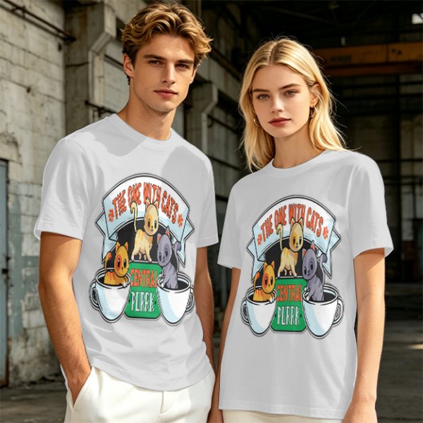 Olive green t-shirt with cat coffee cup graphic and playful text design