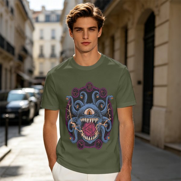 Olive T-Shirt With Dungeons & Dragons Beholder Monster Print