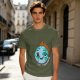 Olive T-shirt with Worn Burning Earth Graphic and 'Fine Thanks' Text