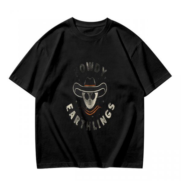 Olive t-shirt with alien cowboy howdy earthlings graphic