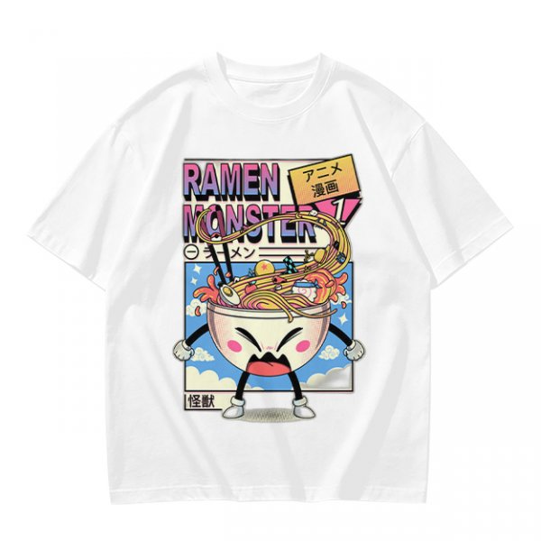 Olive green t-shirt with ramen monster anime graphic print