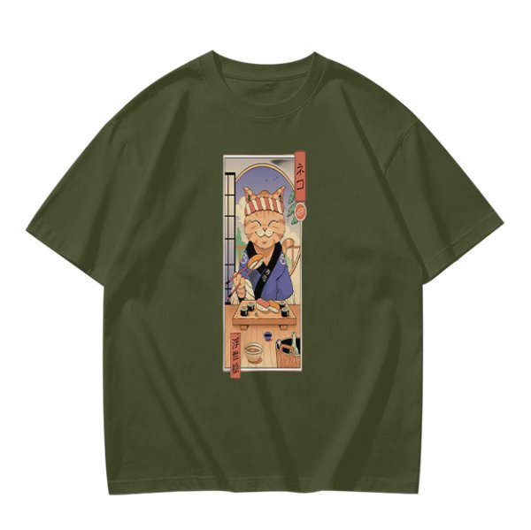 Olive T-Shirt with Japanese Style Sushi Chef Cat Print