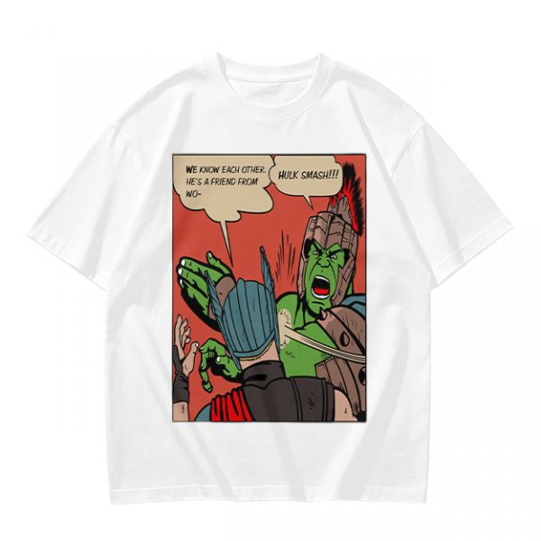 Olive t-shirt with comic print of Hulk and Thor mid-smashed interaction