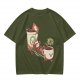 Olive green graphic tee with a sloth relaxing between anthropomorphic coffee mugs