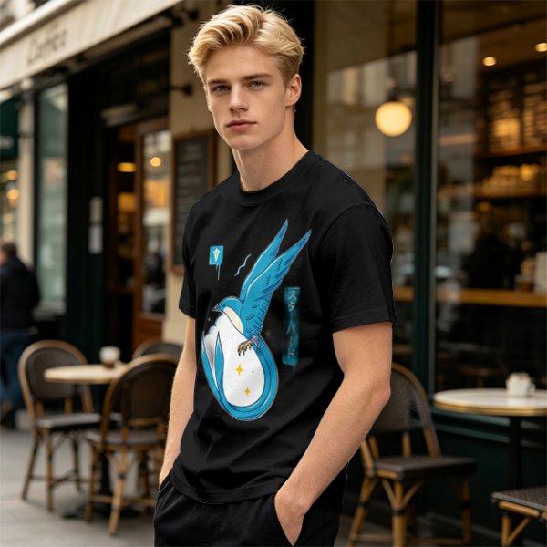 Olive T-shirt with Blue Star Bird and Japanese Graphic Print