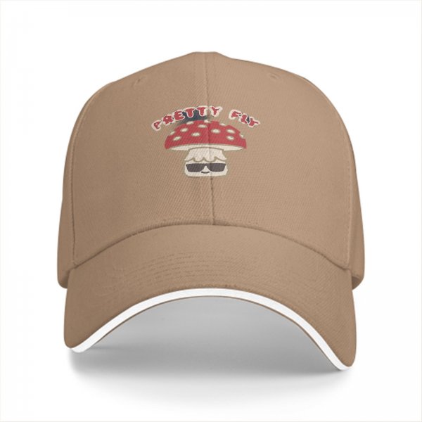 Black baseball cap with pretty fly mushroom graphic and sunglasses