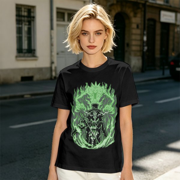 Olive T-Shirt With Skeleton Gentleman And Green Flames Art