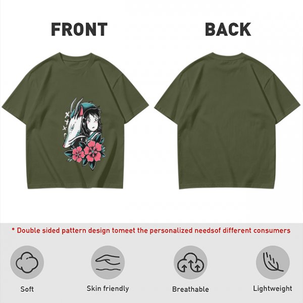 Olive T-shirt with Spirited Away Haku and Chihiro Anime Art Print