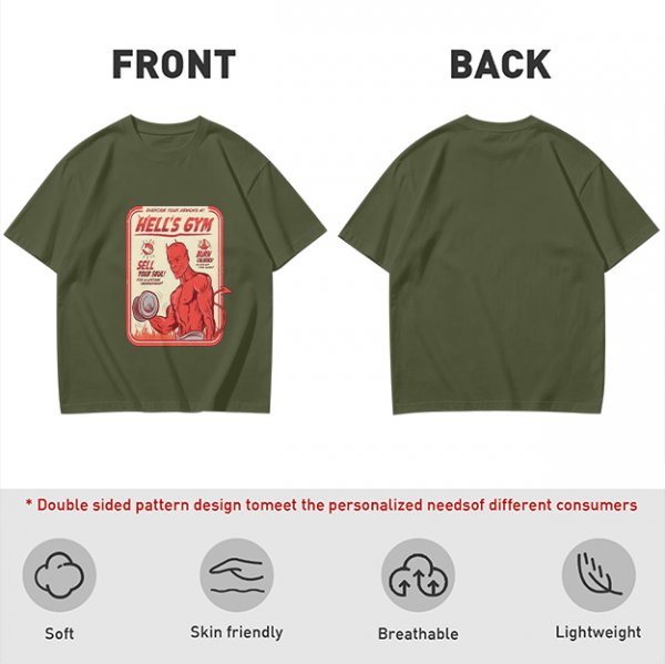 Olive T-shirt with Hell's Gym Devil Lifting Dumbbell Graphic