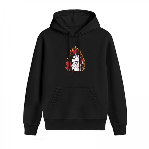 Black hoodie with a cartoon cat on fire graphic