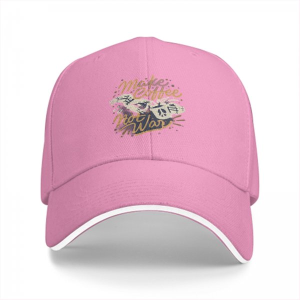 Black baseball cap with 'Make Coffee Not War' graphic print