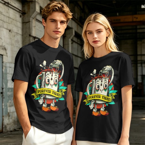 Forever Tired Coffee Mug Cartoon Character T-Shirt Design