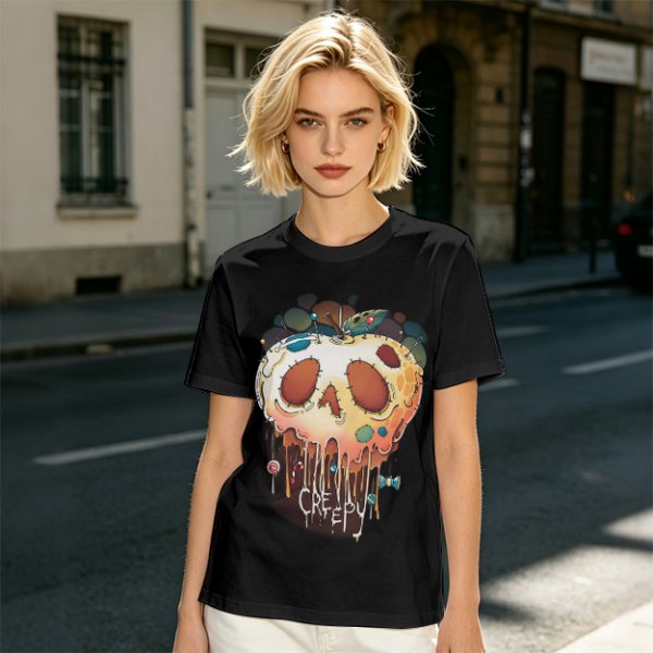 Olive Green T-Shirt With Creepy Melting Skull Apple Graphic