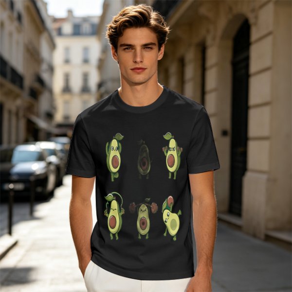 Olive Green T-Shirt with Cartoon Avocado Fitness Characters Print