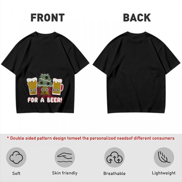 Olive green Christmas beer graphic t-shirt with 'FOR A BEER!' text
