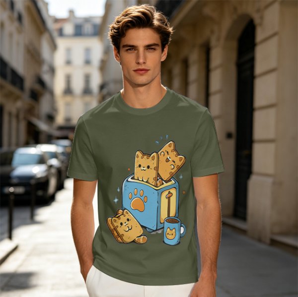 Olive T-Shirt With Cute Cat Toast Toaster Breakfast Art