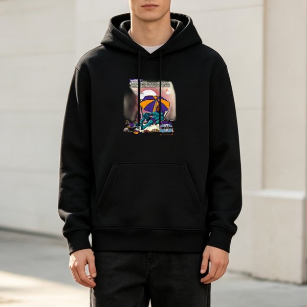 Black Hoodie With Relaxed Superhero Beach Graphic Print