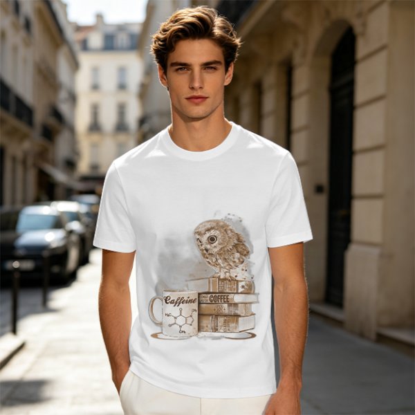 Owl on coffee books and caffeine mug graphic t-shirt
