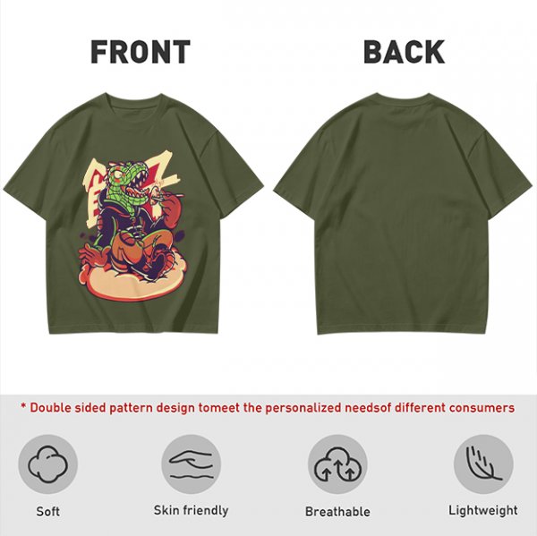 Olive T-Shirt with Cartoon Crocodile Eating Snack Graphic