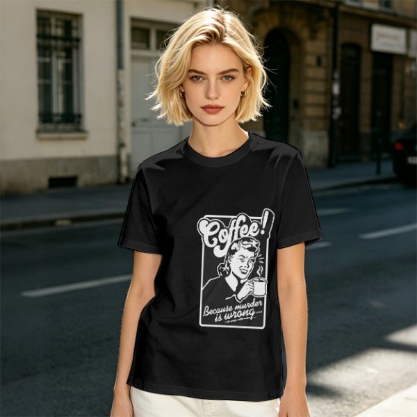 Olive T-Shirt with Retro Coffee Murder Pun Graphic
