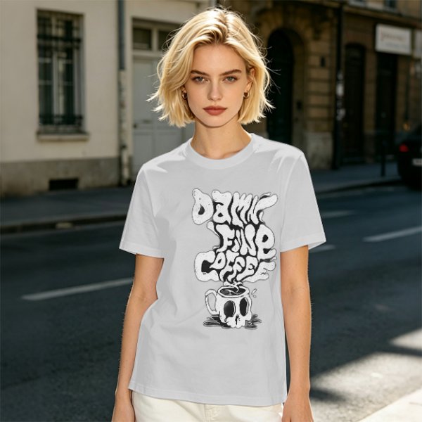 Olive Graphic T-Shirt With 'Damn Fine Coffee' Skull Mug Print