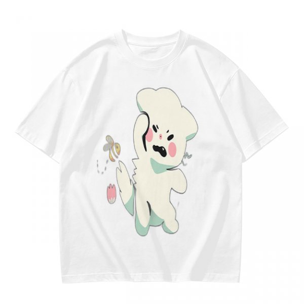 Olive T-Shirt With Angry Fluffy White Creature Swatting At Bee Print