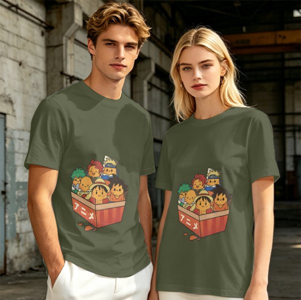 Olive T-shirt with Chibi Anime Characters in Takeout Box