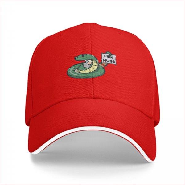 Black baseball cap with a snake holding a FREE HUGS sign and a mouse