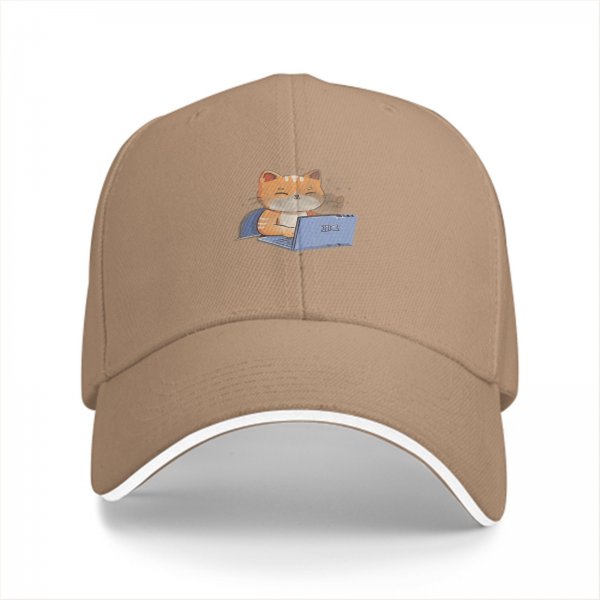 Black baseball cap with a cartoon cat working on a laptop print