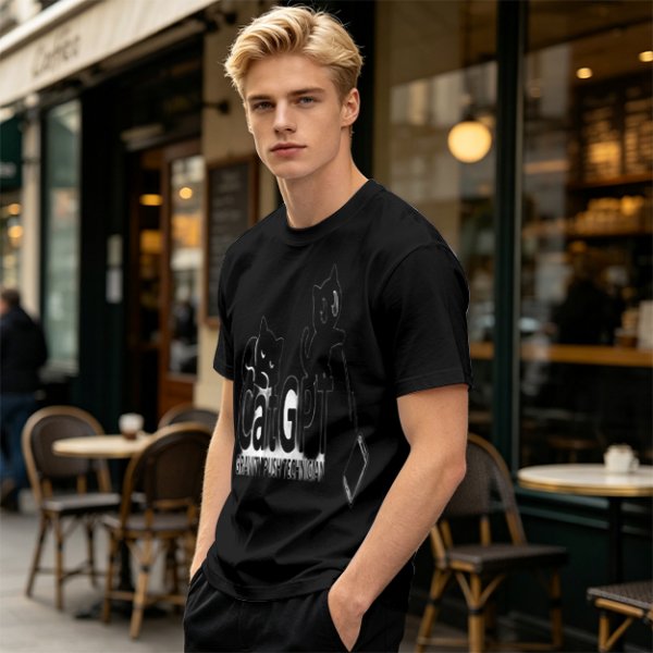 Olive green graphic t-shirt with CatGPT and mischievous cat prints