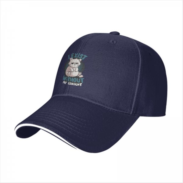 Black baseball cap with 'I Exist Without My Consent' grumpy cat print