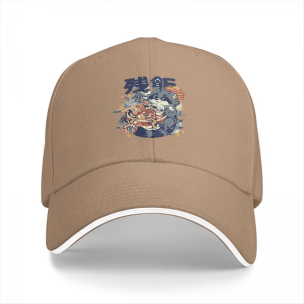 Black Baseball Cap With Ramen Raccoon Graphic Print